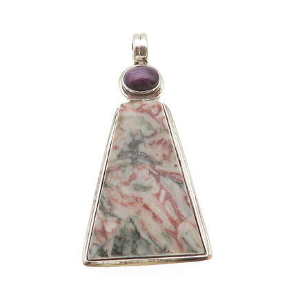 925 Sterling Silver Vintage Real Moss Agate & Ruby Large 27.0g Pendant