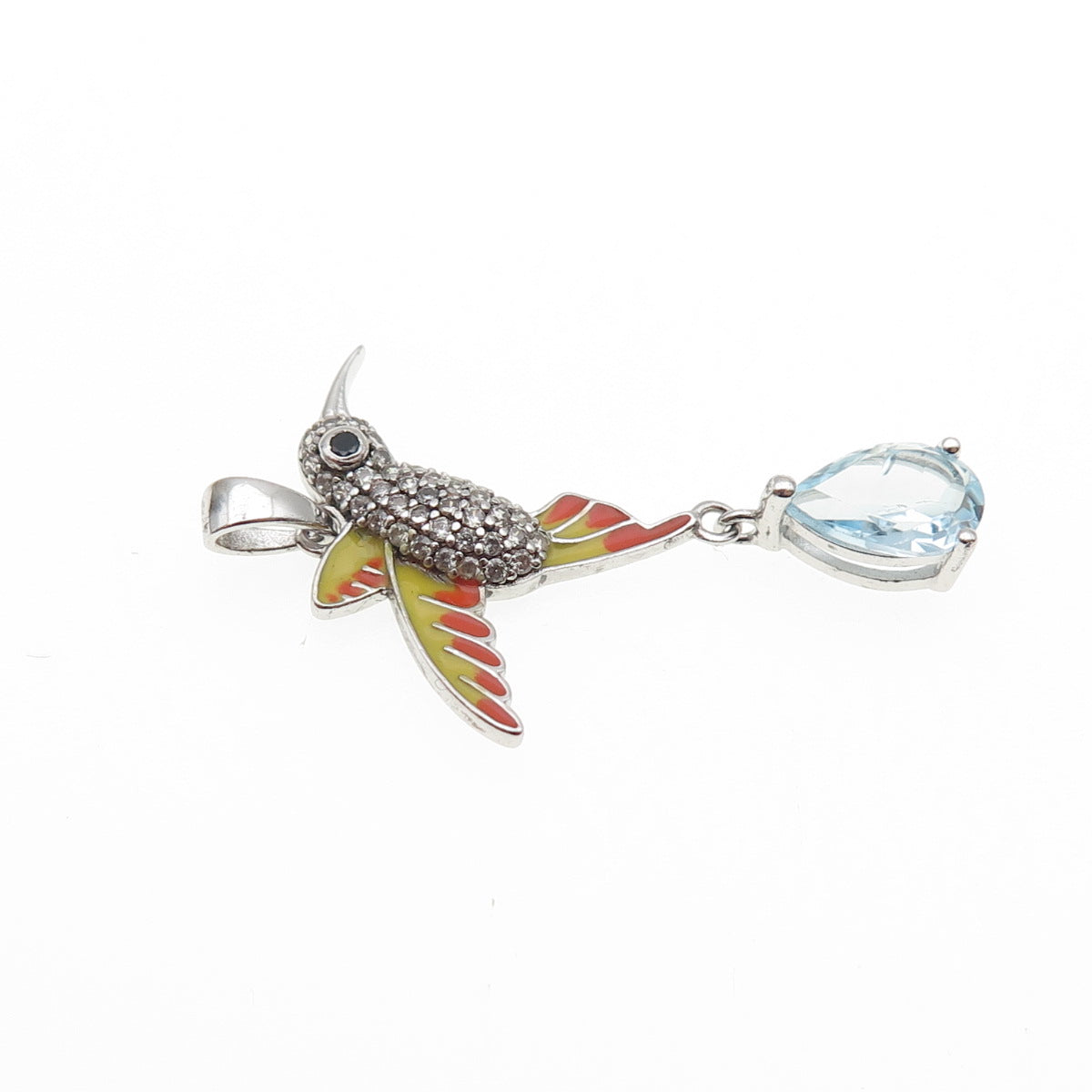 925 Sterling Silver Enamel Real Blue Topaz Black & White C Z Hummingbird Pendant