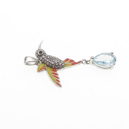 925 Sterling Silver Enamel Real Blue Topaz Black & White C Z Hummingbird Pendant