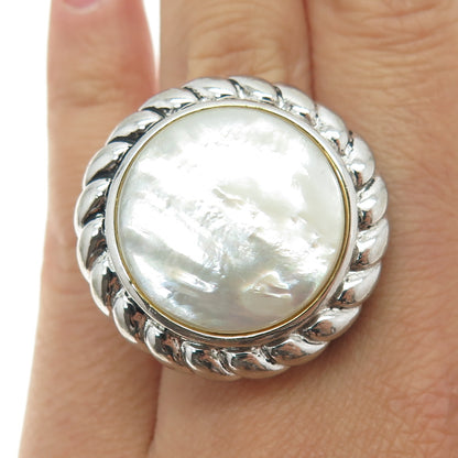 925 Sterling Silver Vintage Real Mother-of-Pearl Statement Ring Size 7.25