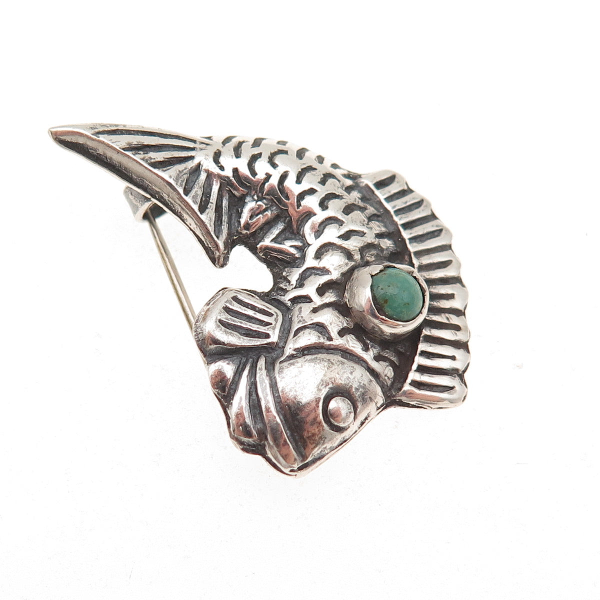 925 Sterling Silver Vintage Mexico Real Turquoise Fish Oxidized Pin Brooch