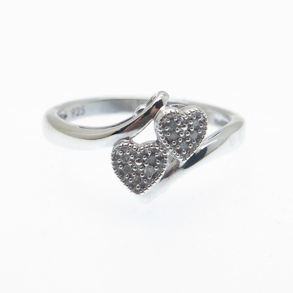 JASANI 925 Sterling Silver Real Round-Cut Diamond Couple Heart Ring Size 7.25