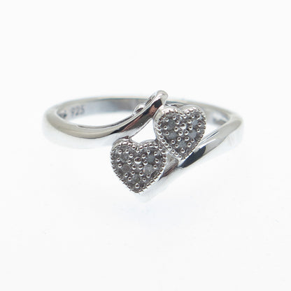 JASANI 925 Sterling Silver Real Round-Cut Diamond Couple Heart Ring Size 7.25