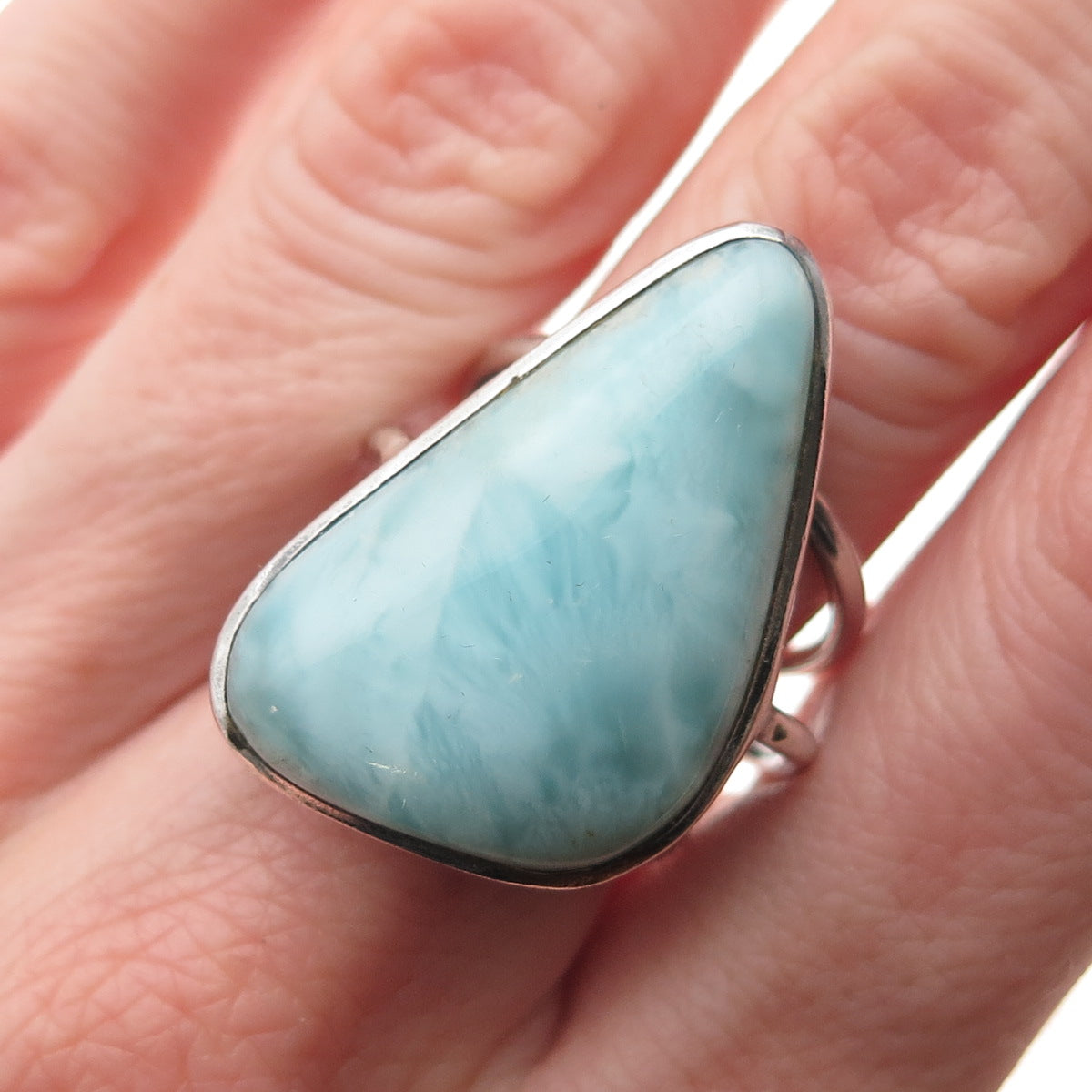 925 Sterling Silver Vintage Real Larimar Modernist Oxidized Ring Size 6