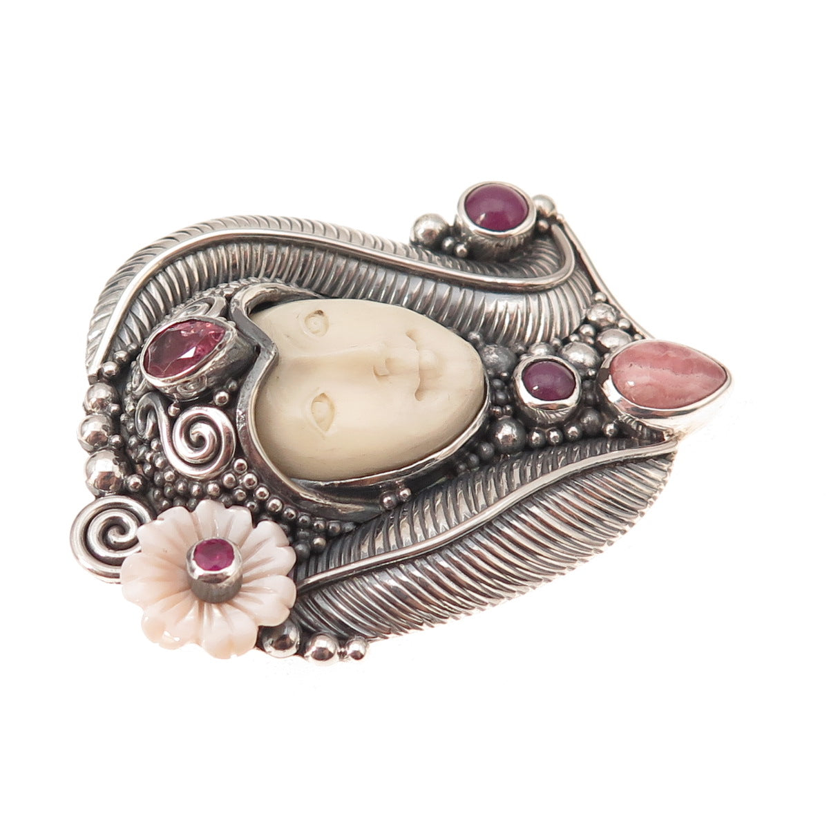 Sajen 925 Sterling Vintage Ruby Tourmaline Rhodochrosite MOP Pin Brooch Pendant