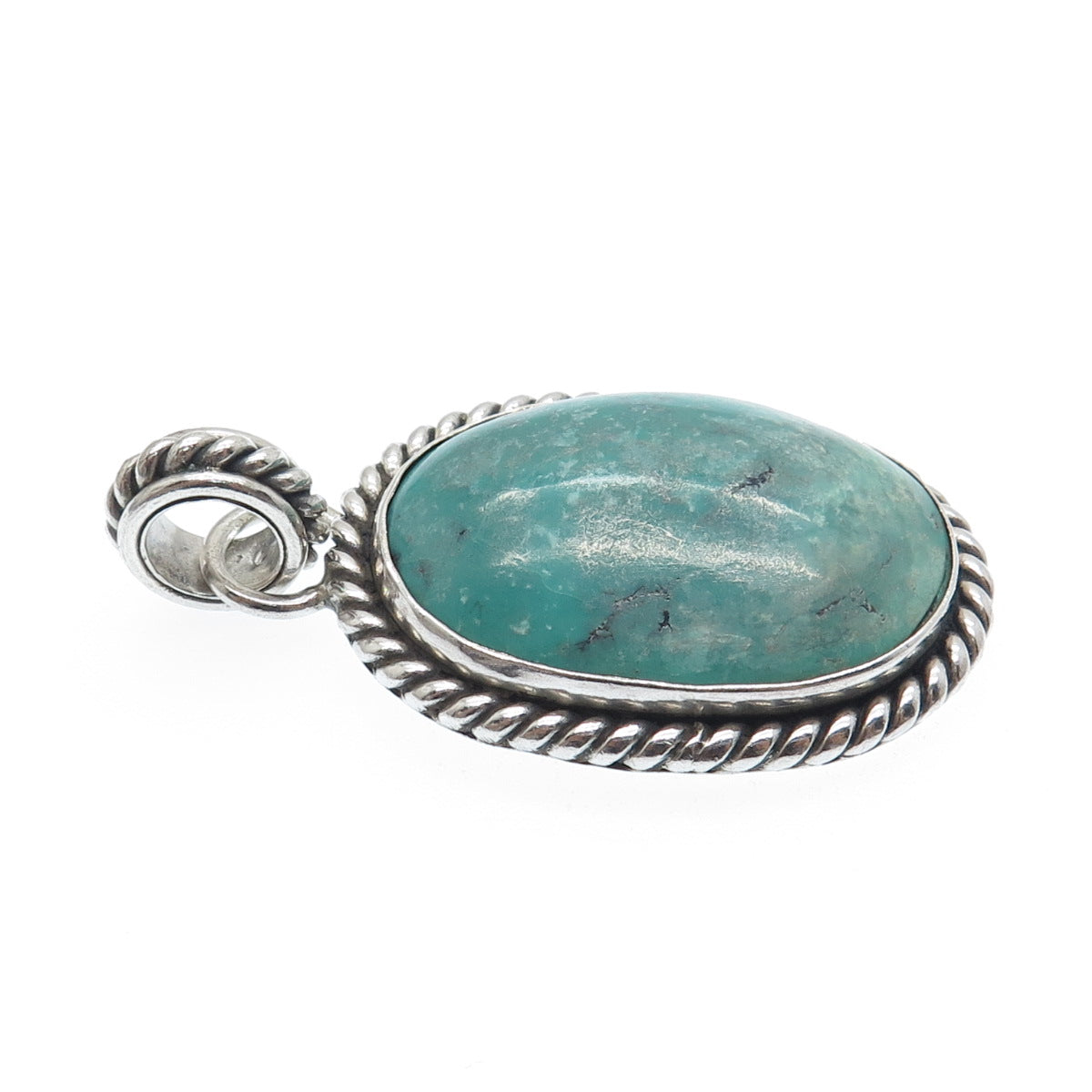 925 Sterling Silver Vintage Real Cabochon Tyrone Turquoise Roped Pendant
