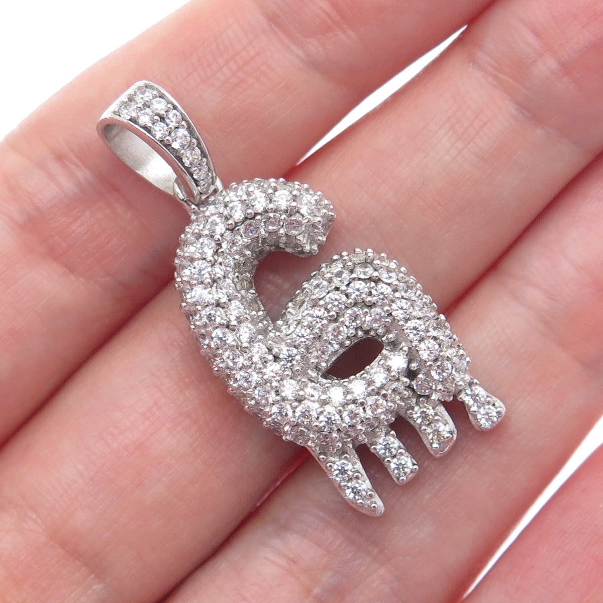 925 Sterling Silver Round-Cut C Z Sparkle Melted Letter G Initial Charm Pendant