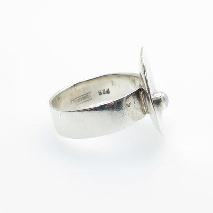 BARONI 925 Sterling Silver Vintage Real Pearl Modernist Hammered Ring Size 7.25