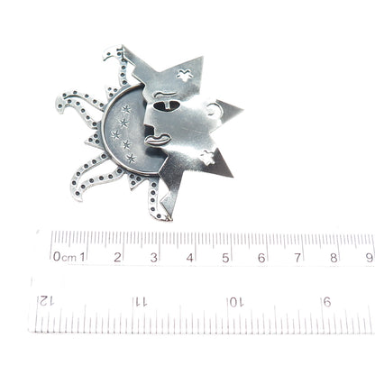 925 Sterling Silver Vintage Mexico Eclipse Sun & Moon Oxidized Pin Brooch