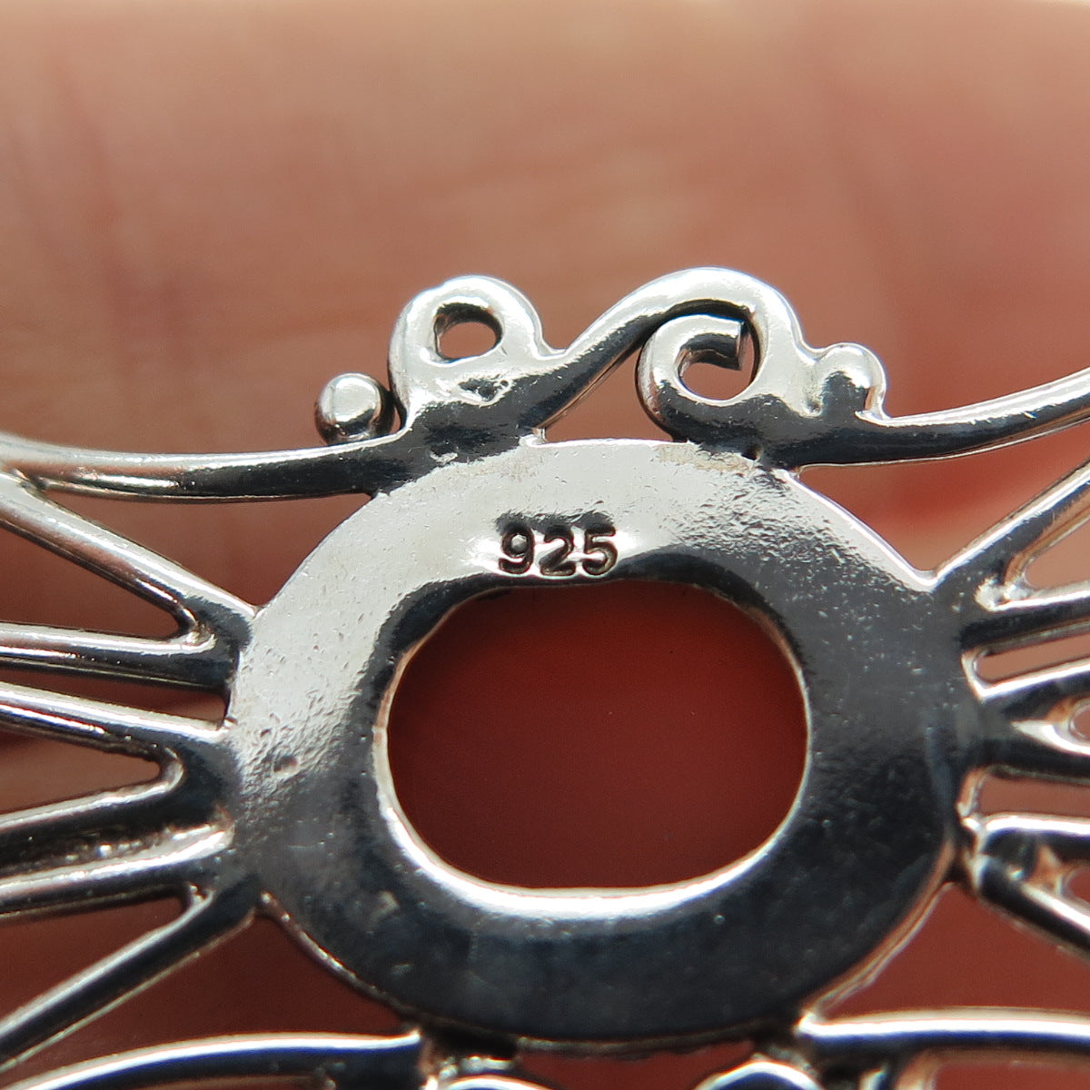 925 Sterling Silver Vintage Real Agate Ornate Oxidized Charm Pendant