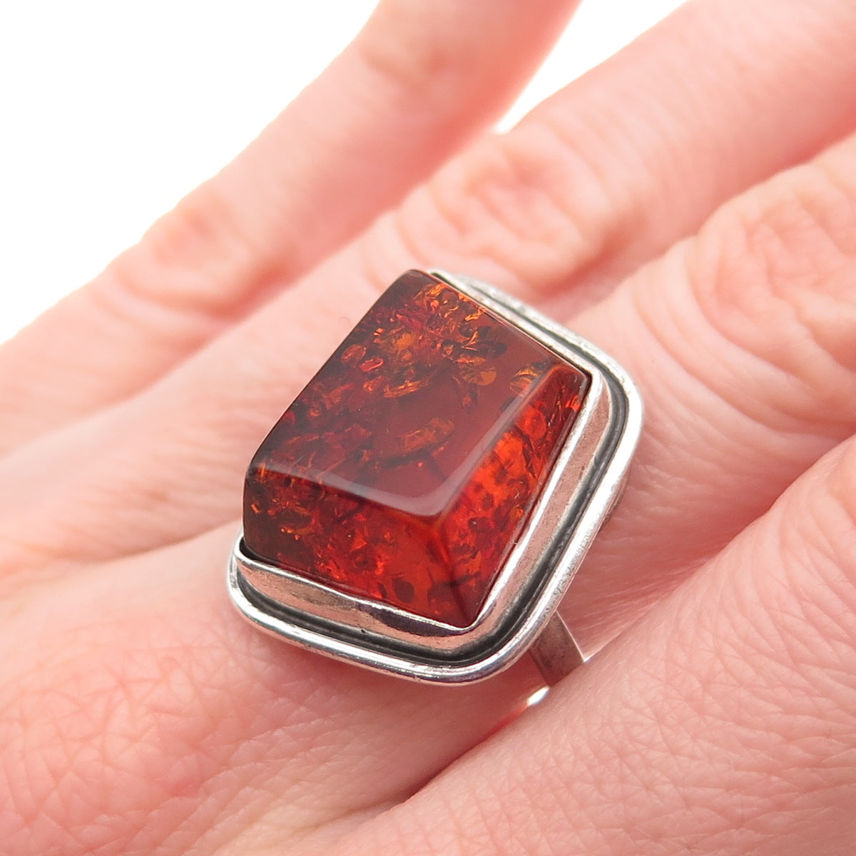 925 Sterling Silver Vintage JM Poland Real Amber Modernist Ring Size 7