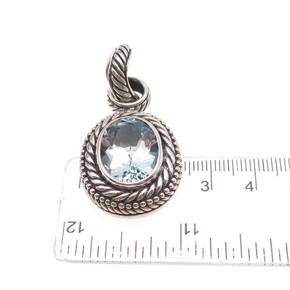 925 Sterling Silver Vintage Real Blue Topaz Modernist Oxidized Charm Pendant