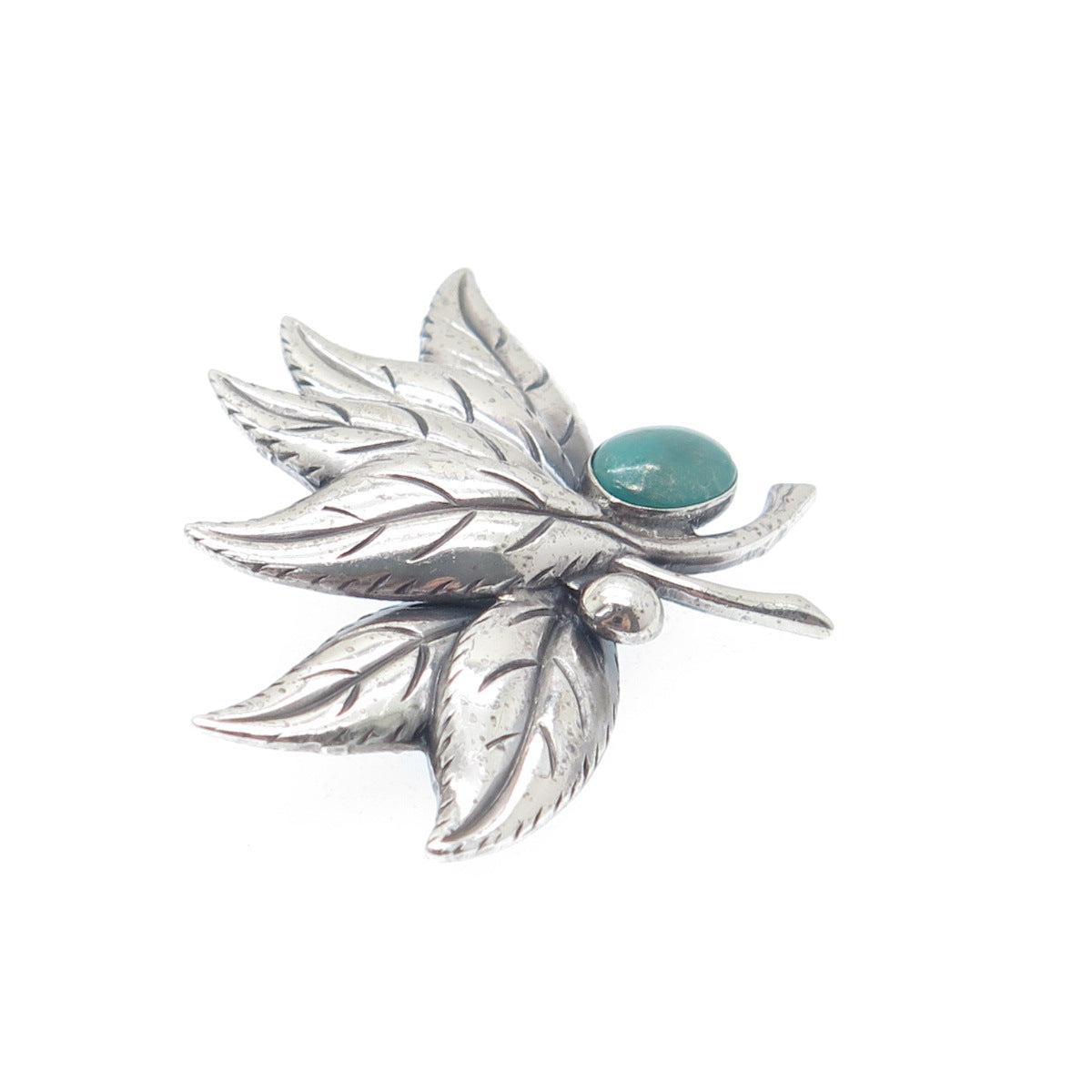 925 Sterling Silver Vintage Real Kingman Turquoise Floral Leaf Oxidized Brooch