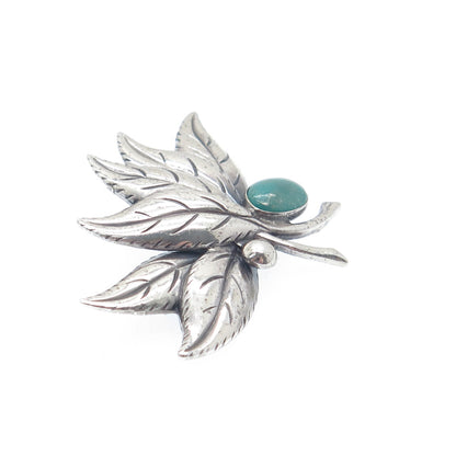 925 Sterling Silver Vintage Real Kingman Turquoise Floral Leaf Oxidized Brooch