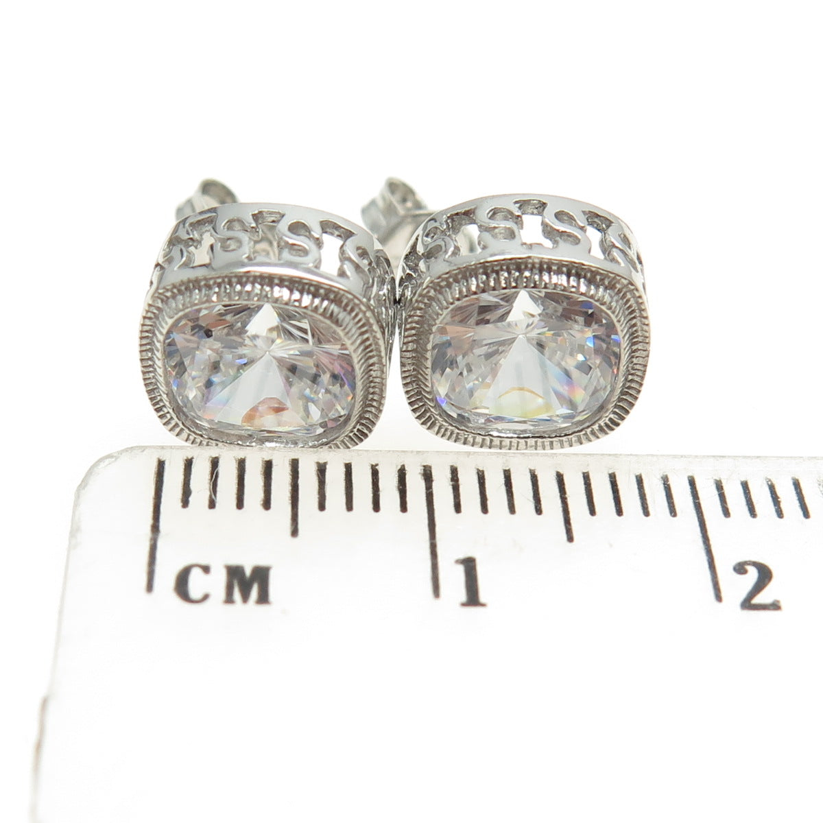 925 Sterling Silver Cushion-Cut Shaped C Z Stud Earrings