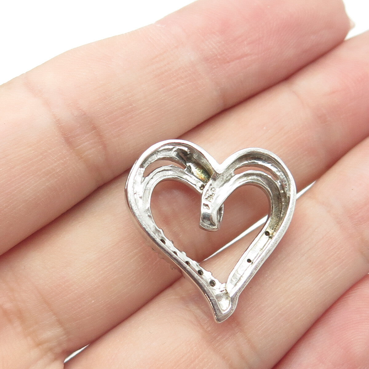 925 Sterling Silver Real White Diamond Open Heart Slide Pendant