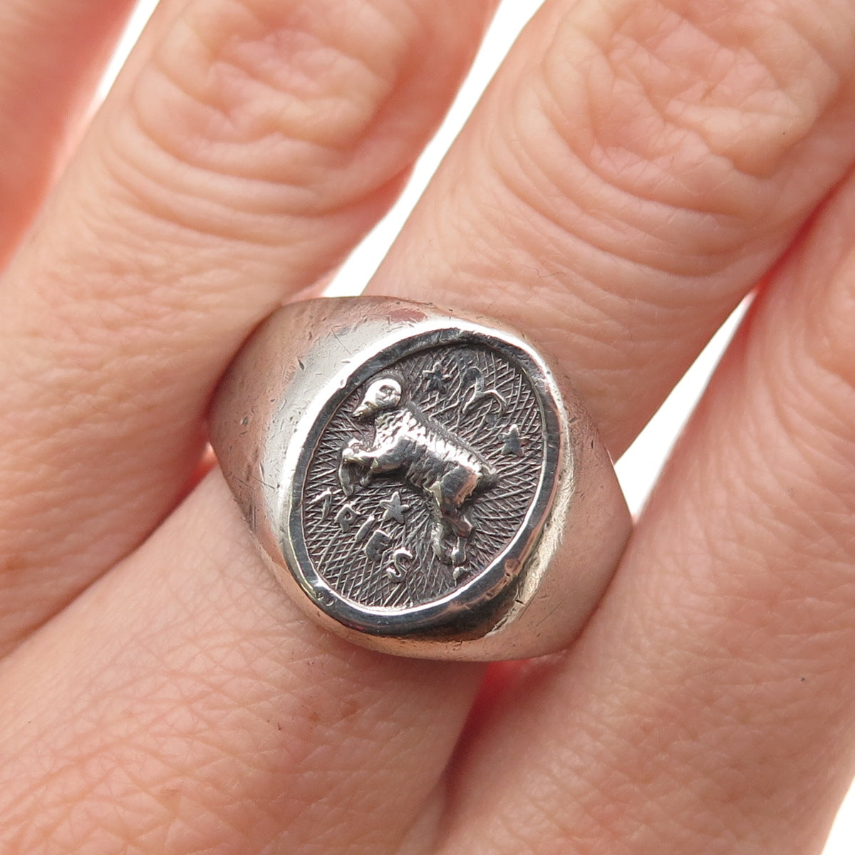 925 Sterling Silver Vintage Mexico Aries Zodiac Sign Oxidized Ring Size 10.75