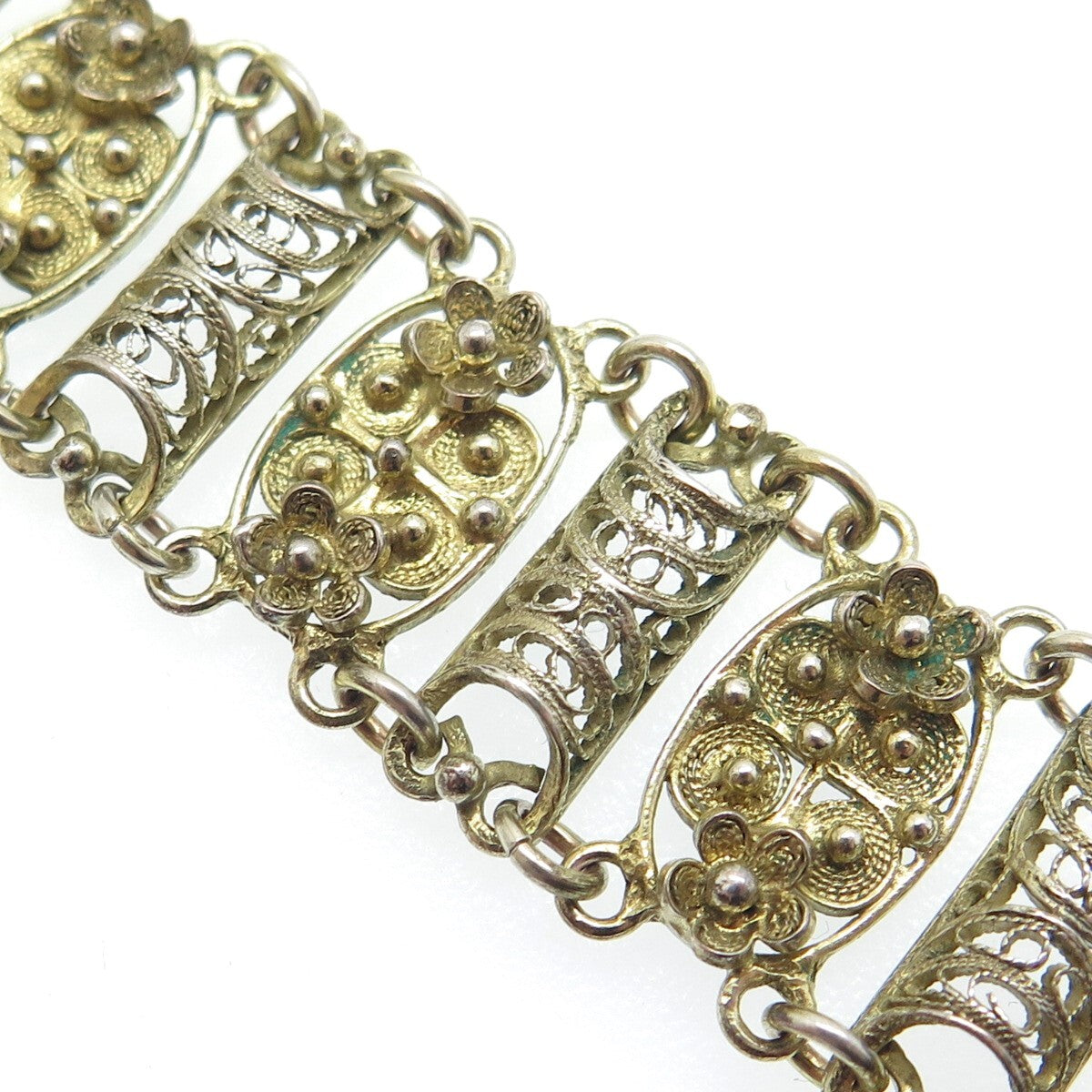 925 Sterling Silver Gold Plated Antique Art Deco Floral Filigree Bracelet 6.25"