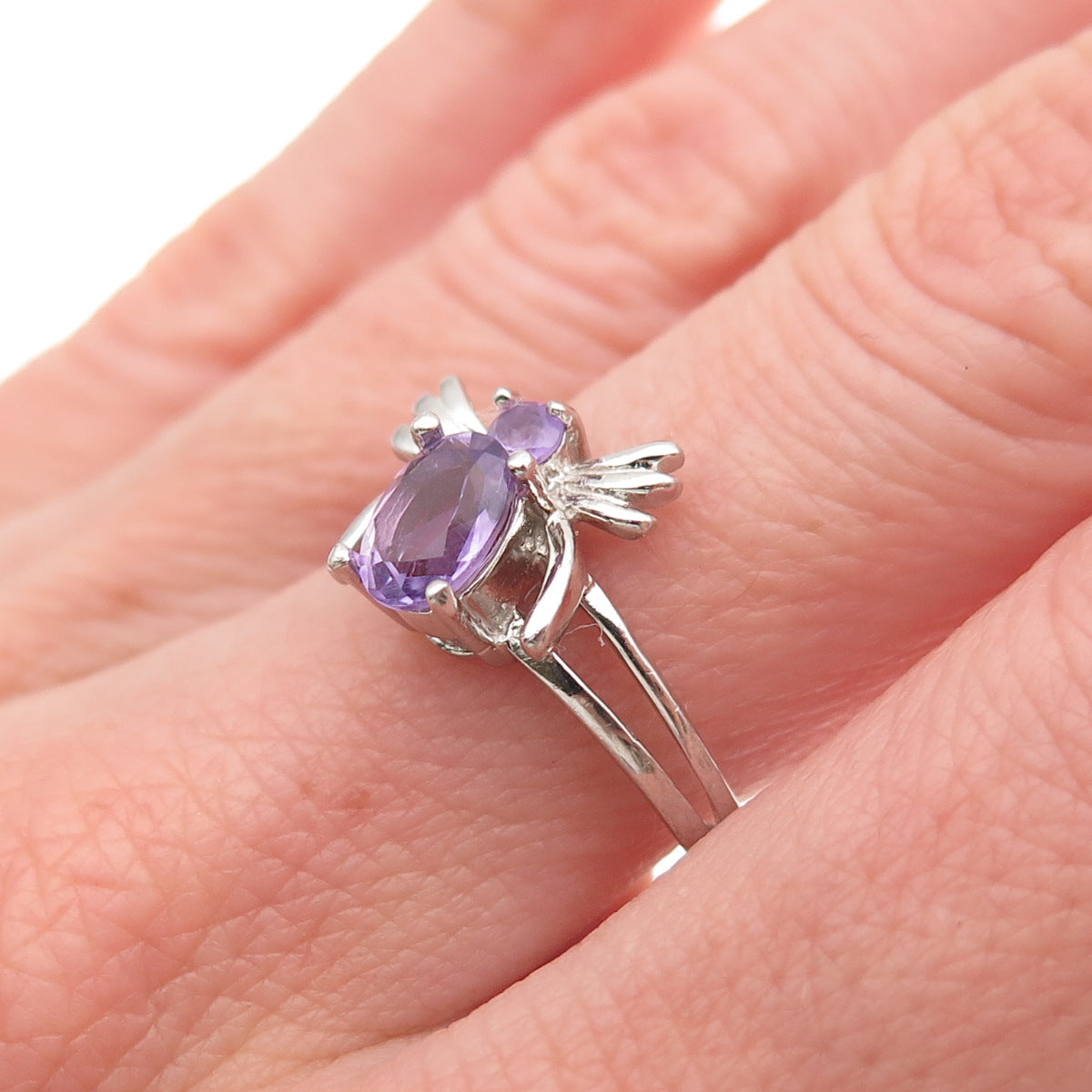 925 Sterling Silver Vintage Real Oval & Round-Cut Amethyst Bee Ring Size 8