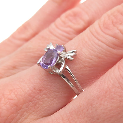925 Sterling Silver Vintage Real Oval & Round-Cut Amethyst Bee Ring Size 8
