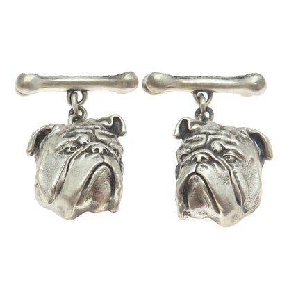 925 Sterling Silver Vintage Real Round-Cut White Diamond Bulldog Cufflinks