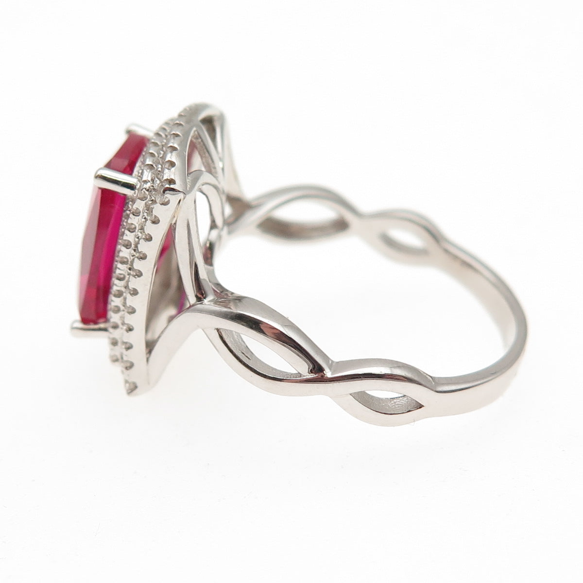 925 Sterling Silver Lab-Created Ruby & C Z Cocktail Ring Size 8