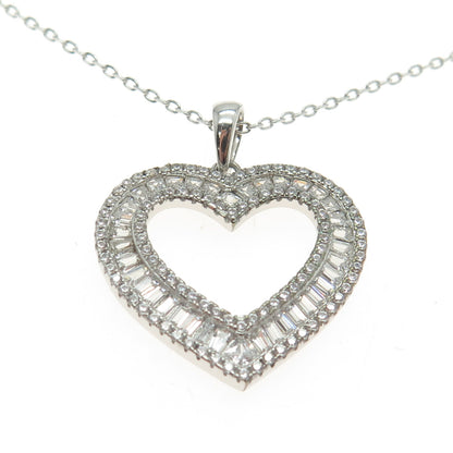 925 Sterling Silver Round & Tapered Baguette-Cut C Z Heart Chain Necklace 16-18"