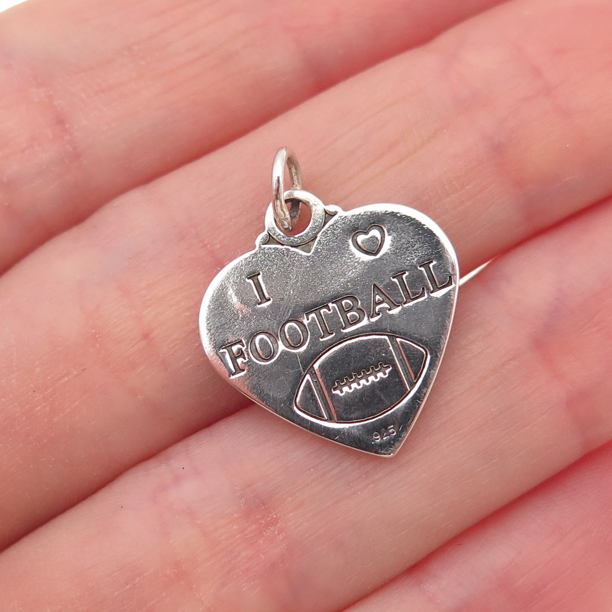 925 Sterling Silver Vintage I Love Football Heart Charm Pendant