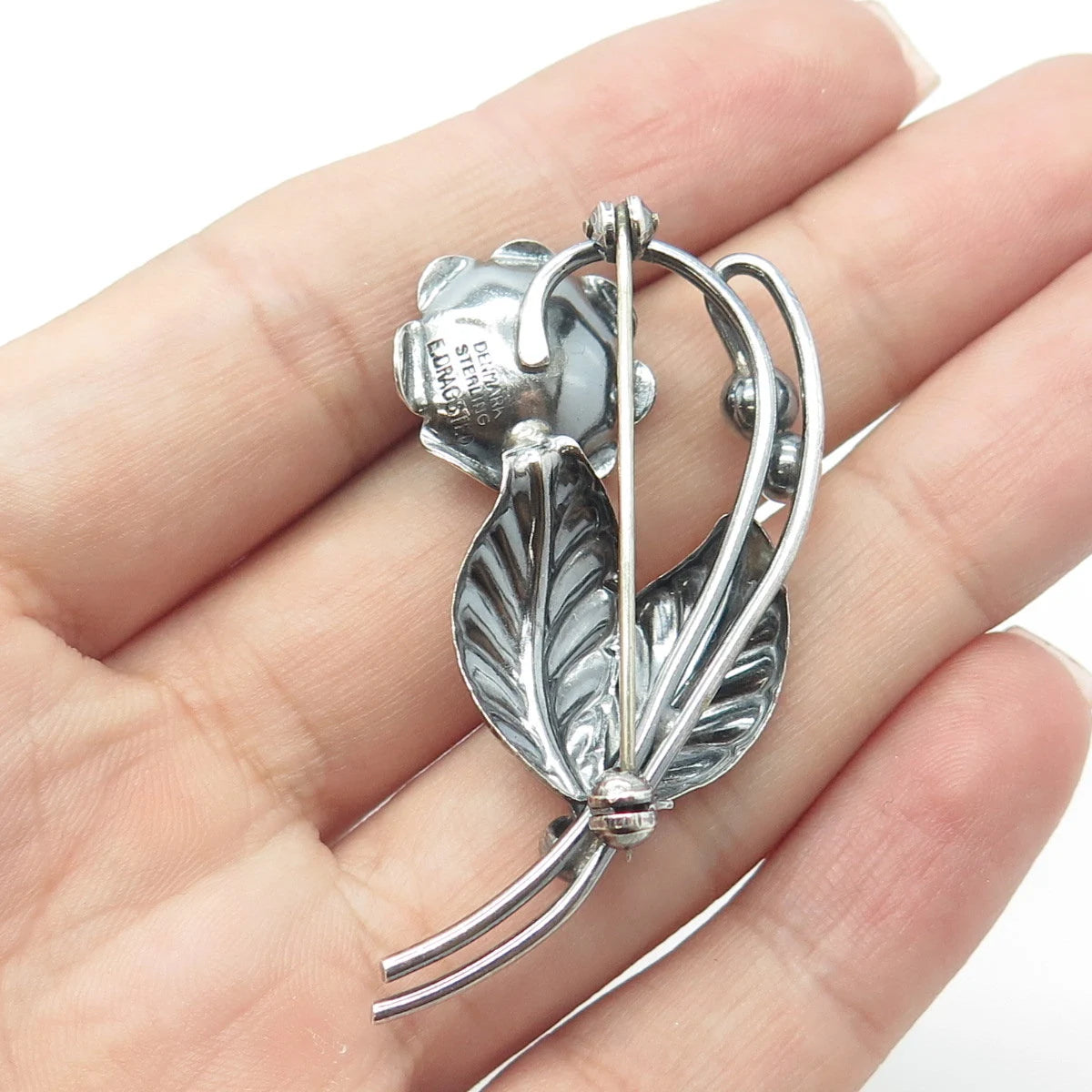 925 Sterling Silver Vintage E. Dragsted Denmark Rose Blossom Pin Brooch