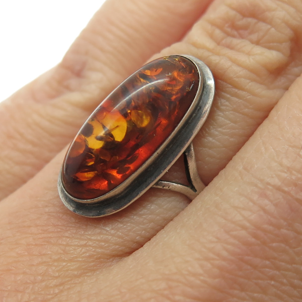 830 Silver Vintage European Real Amber Oxidized Ring Size 5.5