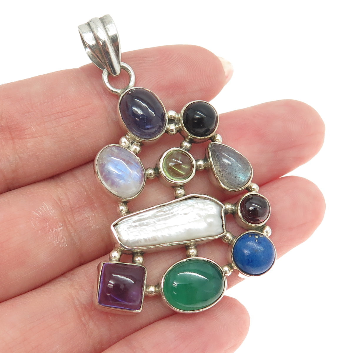 925 Sterling Silver Vintage Pearl Amethyst Agate Moonstone Lapis & Onyx Pendant