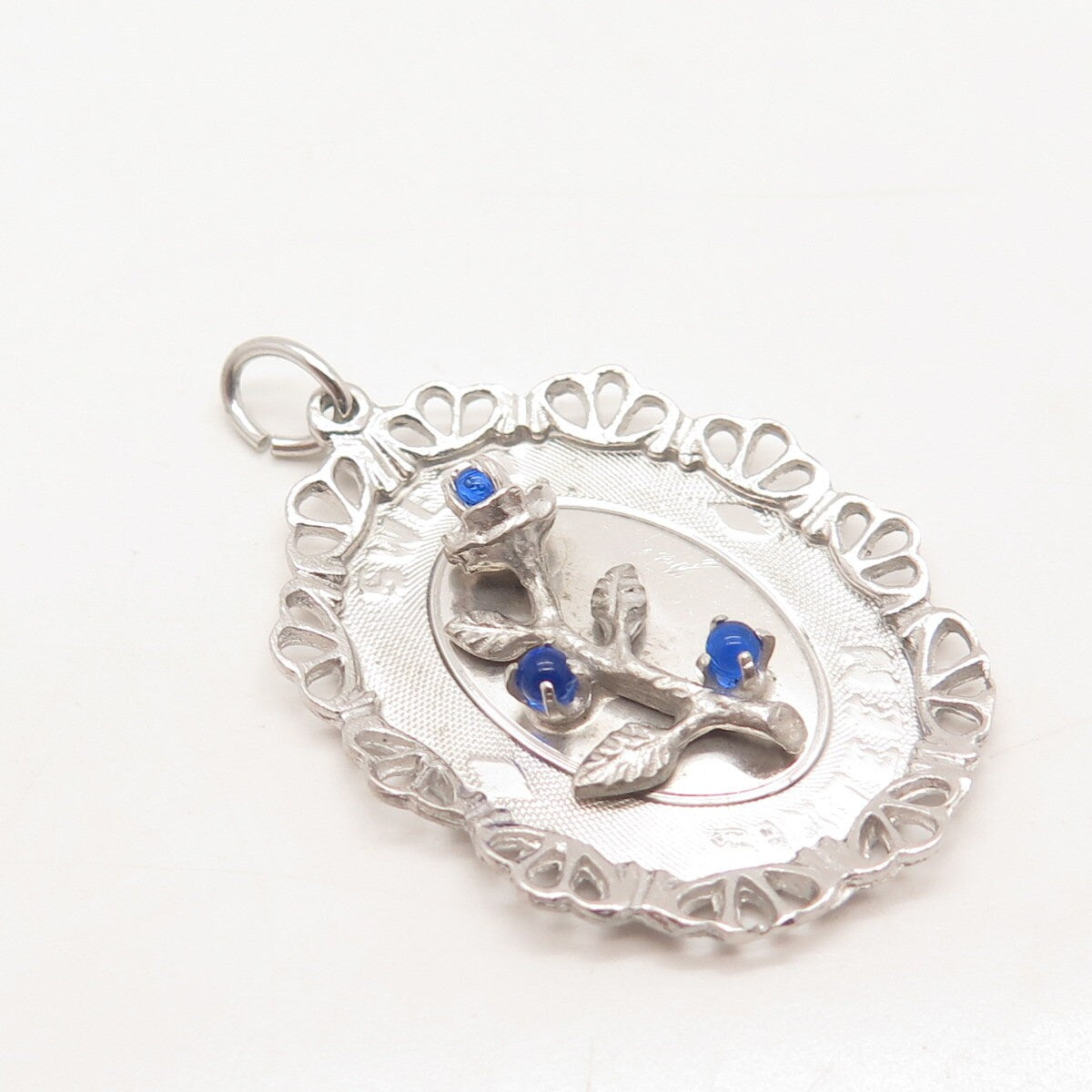 925 Sterling Silver Vintage M & M Blue Glass Floral Pendant
