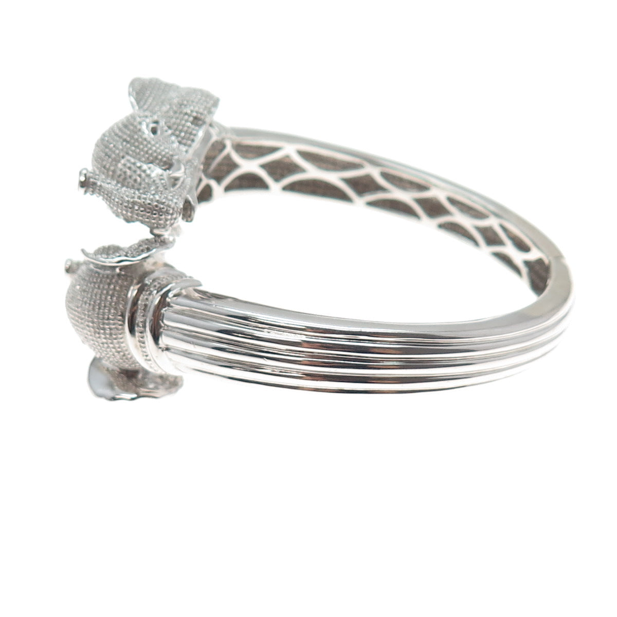 925 Sterling Silver Real Round-Cut Diamond Elephant Heavy 55.7g Bracelet 6.5"