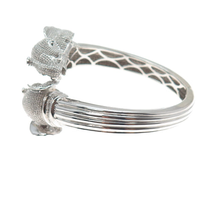 925 Sterling Silver Real Round-Cut Diamond Elephant Heavy 55.7g Bracelet 6.5"