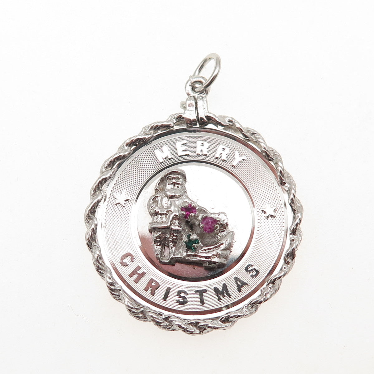 925 Sterling Silver Vintage Rhinestone Santa Merry Christmas Charm Pendant