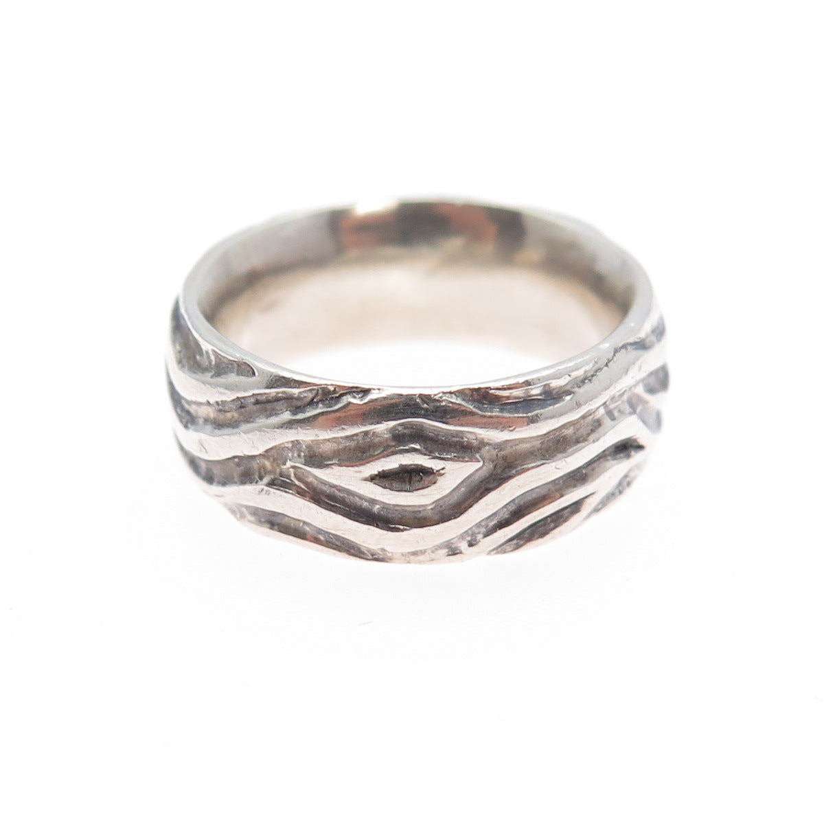 925 Sterling Silver Vintage Modernist Brich Pattern Oxidized Band Ring Size 5.75