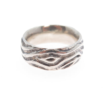 925 Sterling Silver Vintage Modernist Brich Pattern Oxidized Band Ring Size 5.75