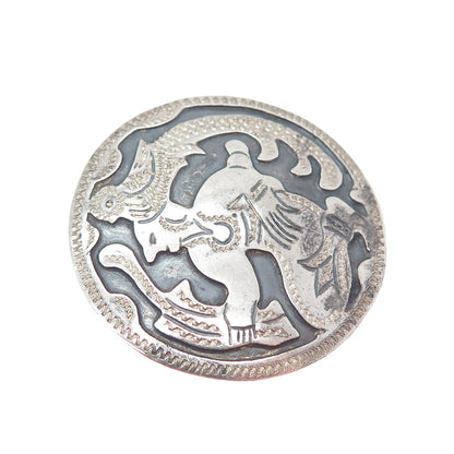 900 Silver Vintage Guatemala Tribal Hunter Oxidized Round Pin Brooch