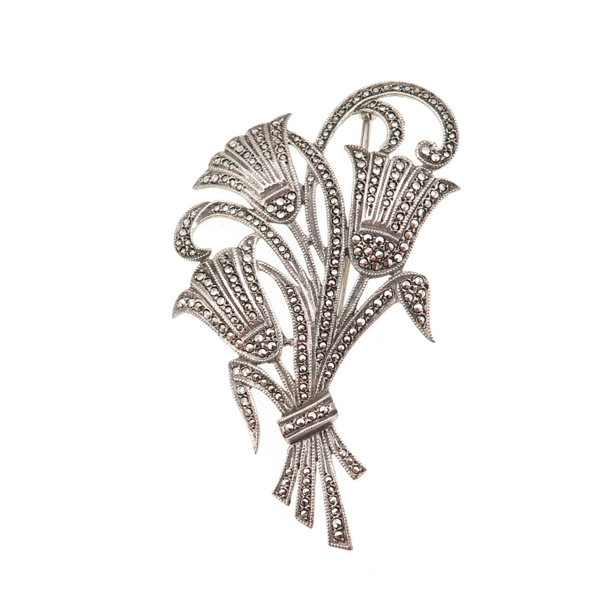925 Sterling Silver Antique Art Deco Real Marcasite Floral Oxidized Pin Brooch