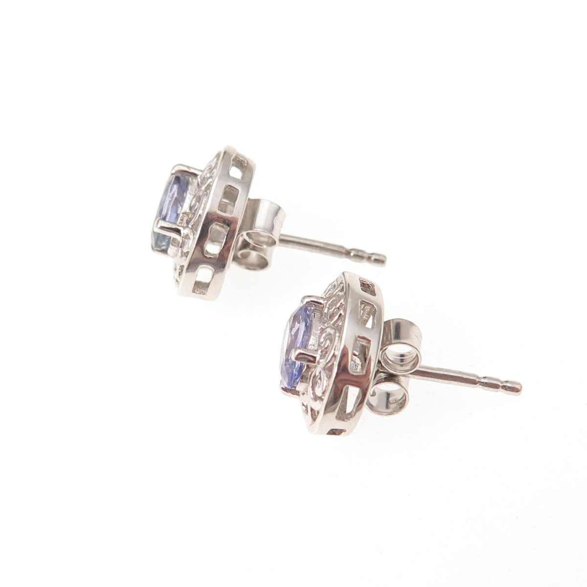Chuck Clemency 925 Sterling Silver Real Oval-Cut Iolite Floral Stud Earrings