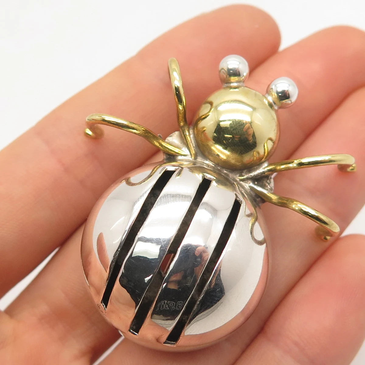 925 Sterling Silver 2-Tone Vintage Mexico Beatle Insect Pin Brooch