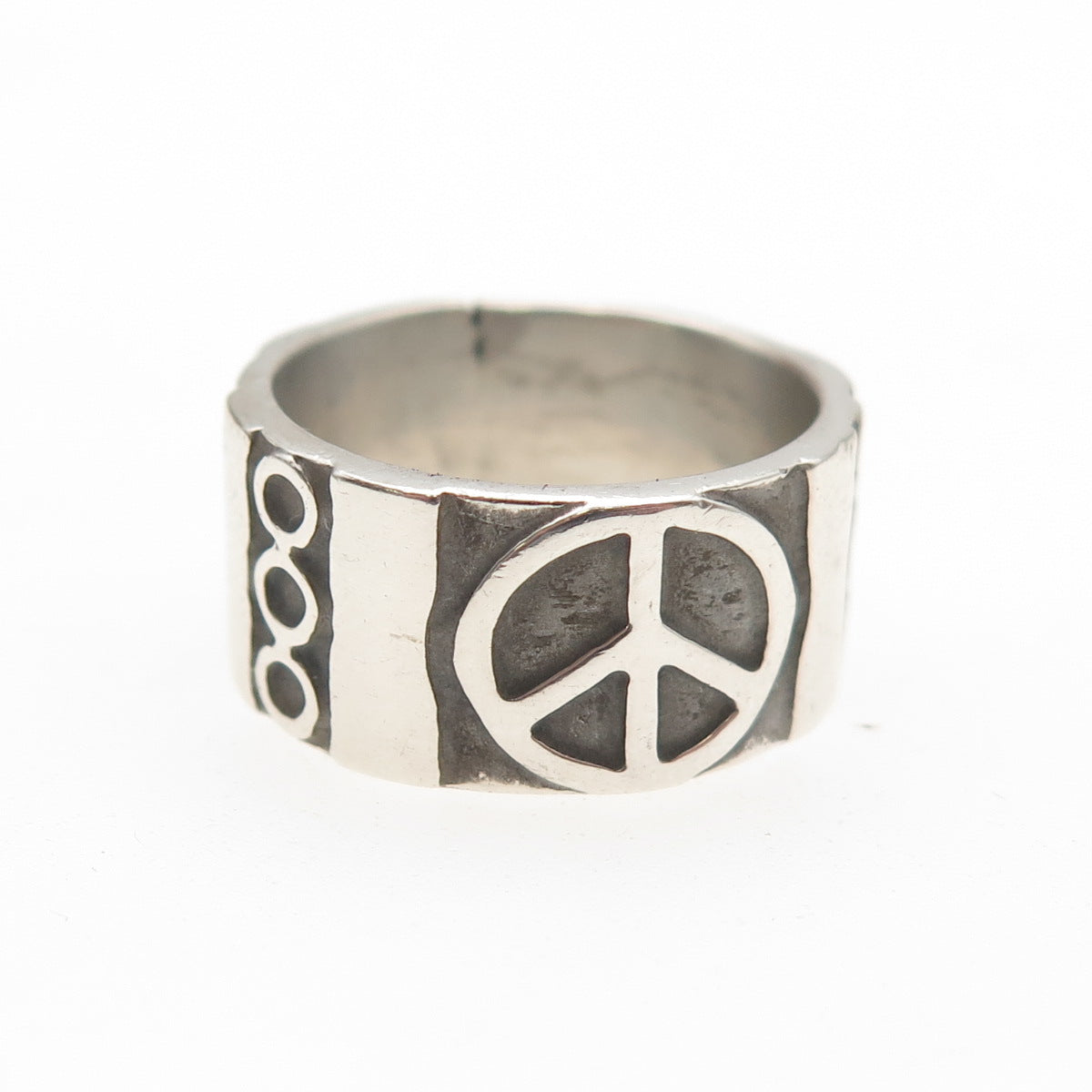 925 Sterling Silver Vintage Peace Symbol Oxidized Band Ring Size 6