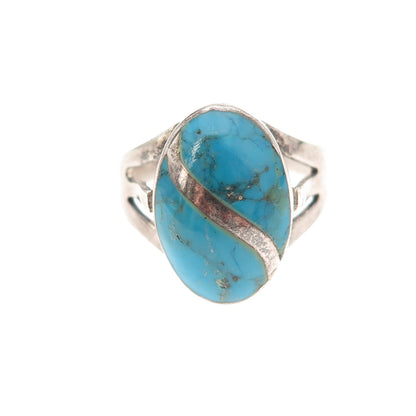 925 Sterling Silver Vintage Real Turquoise Yin Yang Oxidized Ring Size 6.75