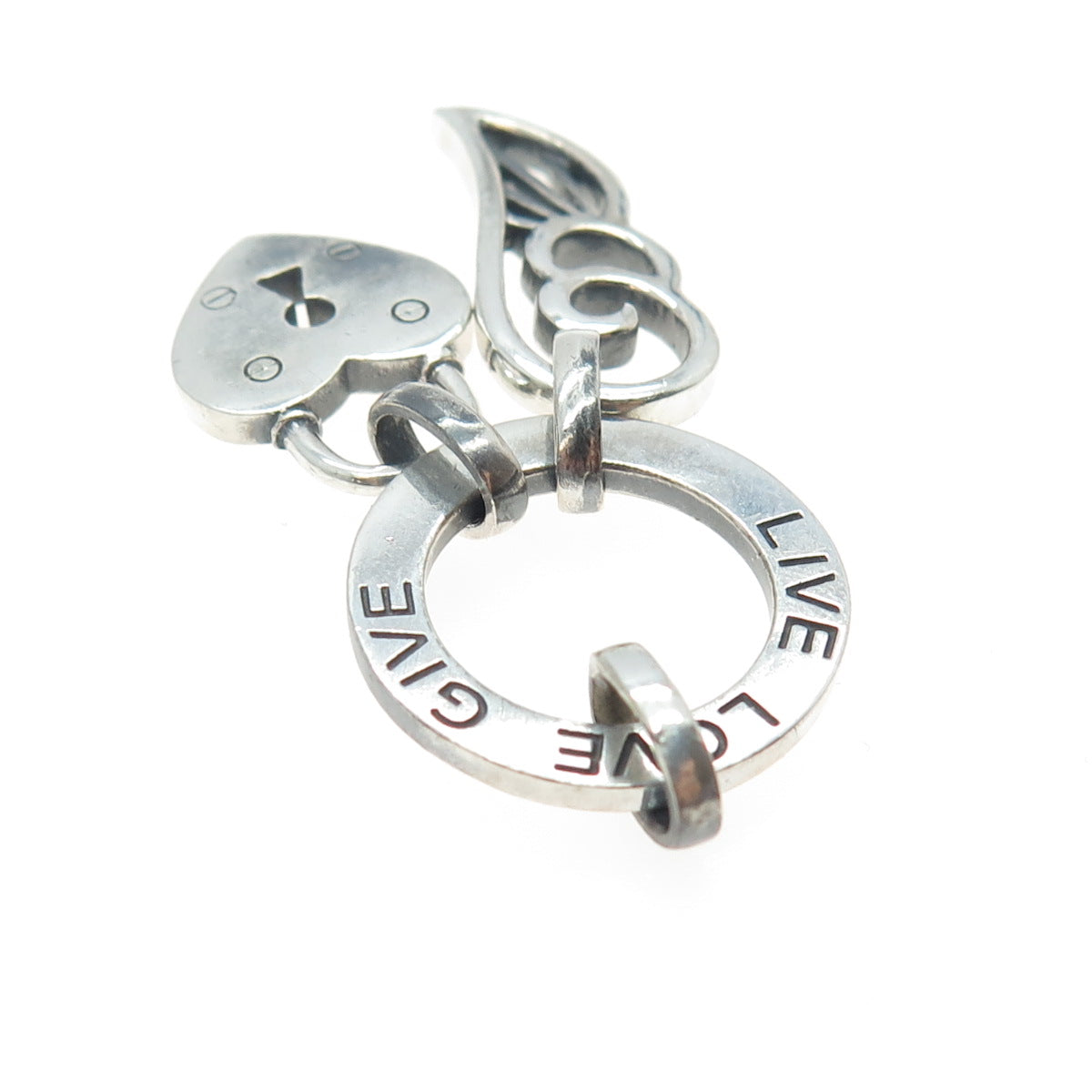 M2 Jewelry 925 Sterling Silver Vintage Live Love Give Heart Wing Charm Pendant