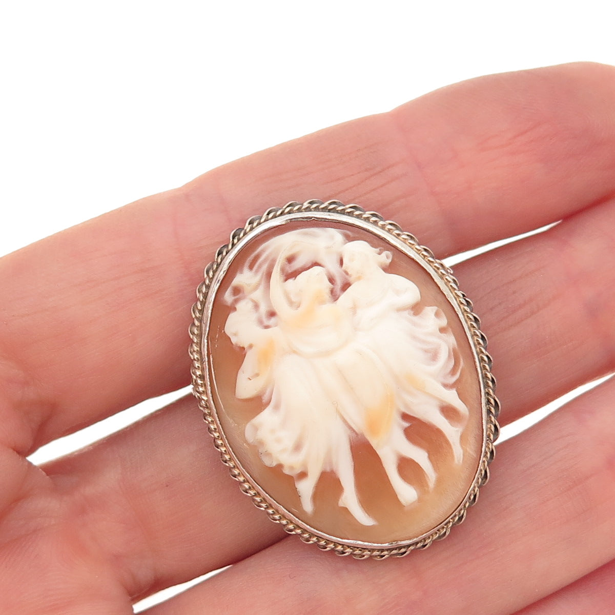 925 Sterling Silver Antique Art Deco Real MOP Three Graces Cameo Pin Brooch