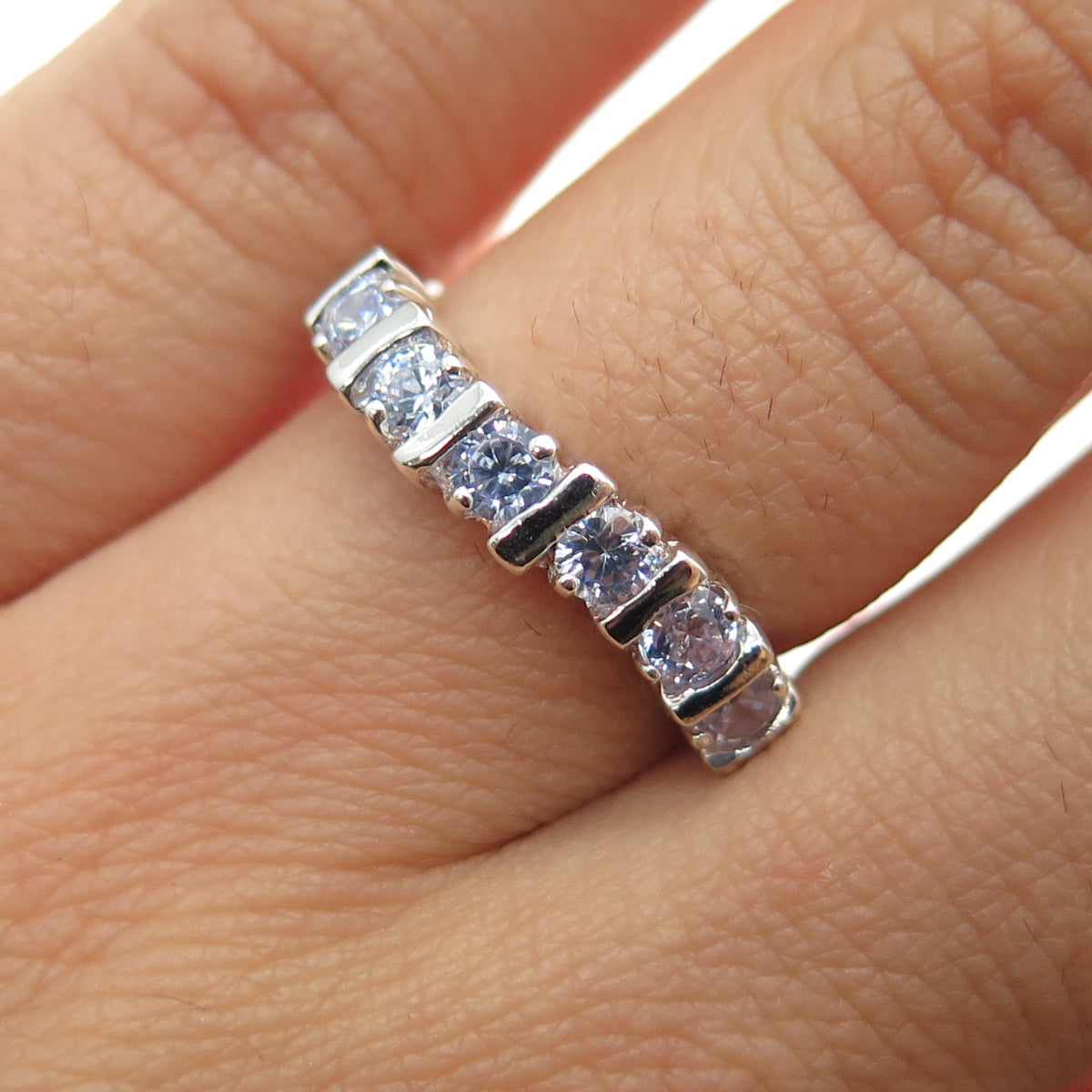 925 Sterling Silver Round-Cut C Z Wavy Half Eternity Band Ring Size 6