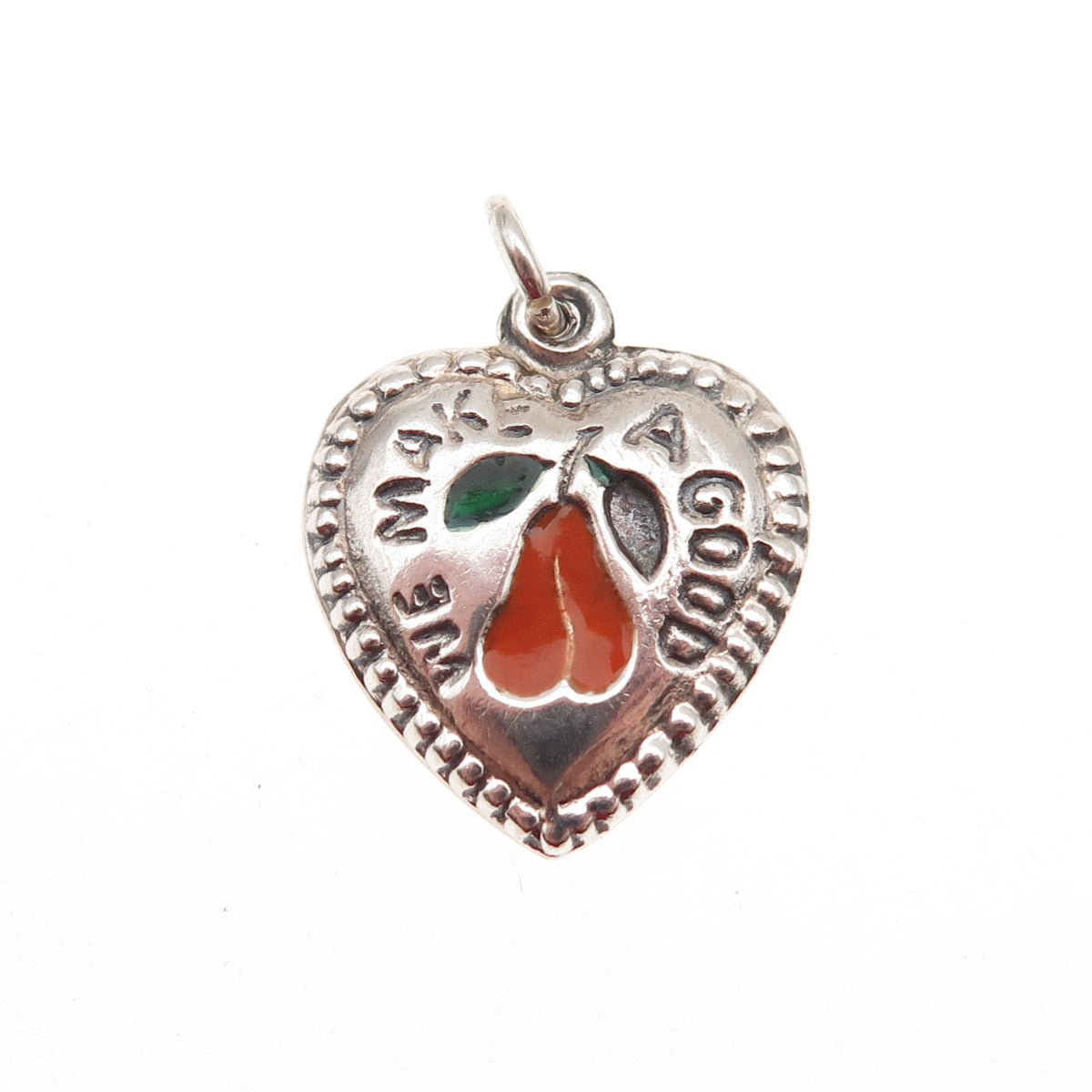 925 Sterling Antique Enamel We Make A Good Pear Chatelaine Heart Mini Pendant