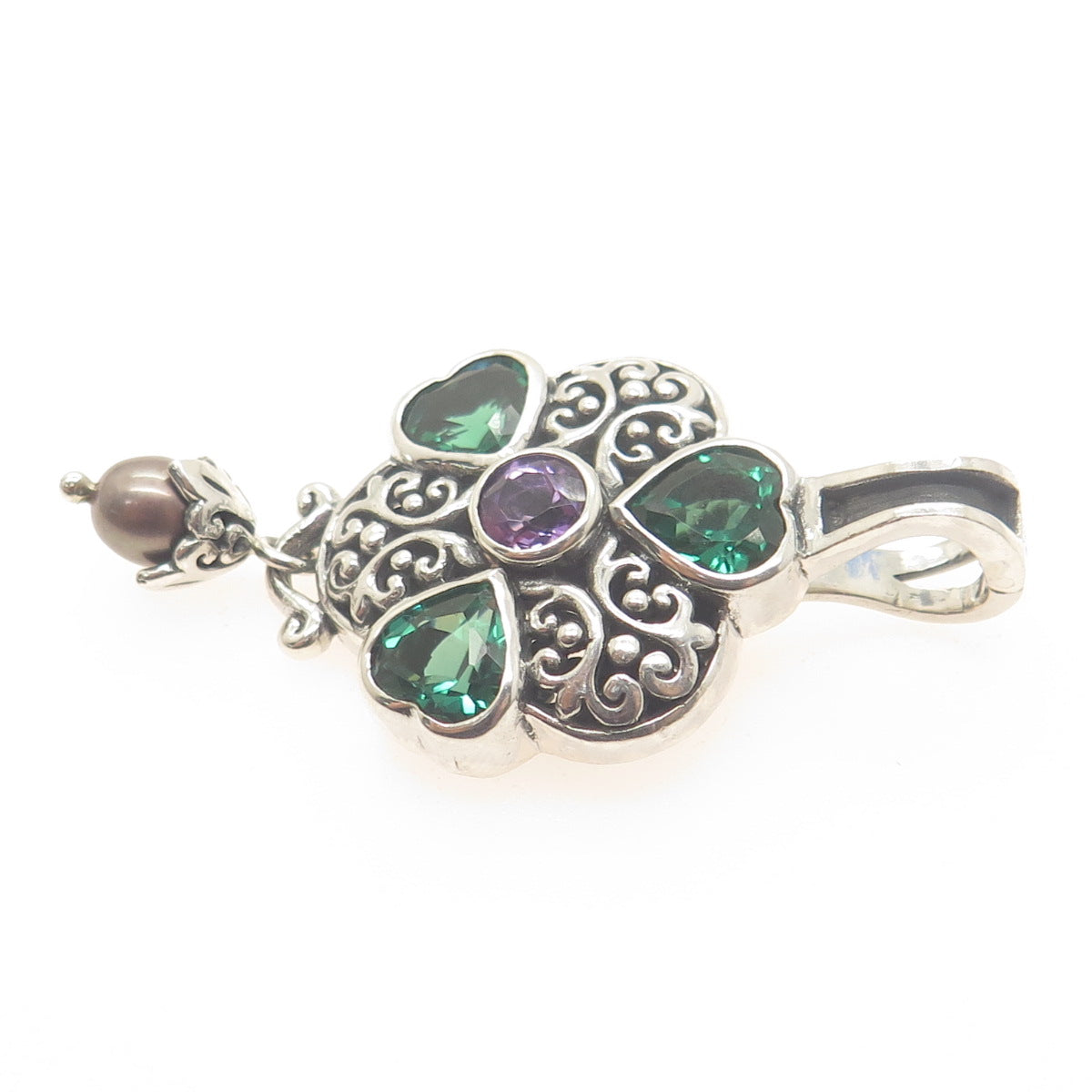 NK SILVER 925 Sterling Vintage Real Amethyst Chrome Diopside Pearl Heart Pendant