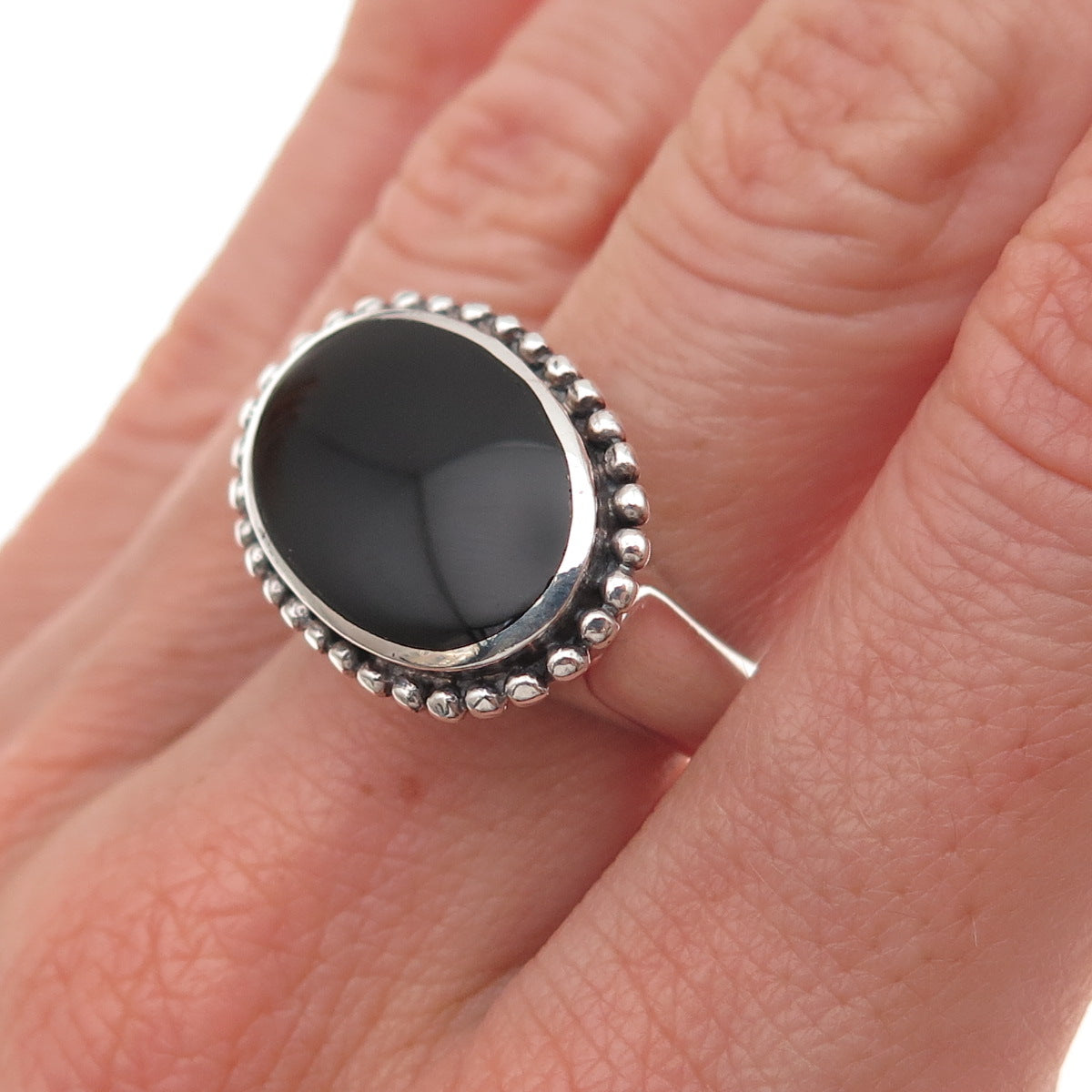 925 Sterling Silver Vintage Real Black Onyx Beaded Oxidized Ring Size 6.75