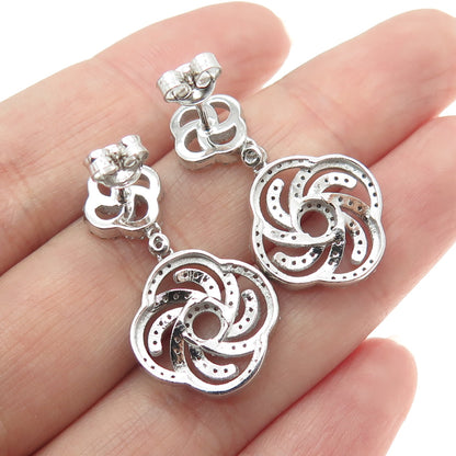 925 Sterling Silver Real Round-Cut Diamond Flower Dangling Earrings